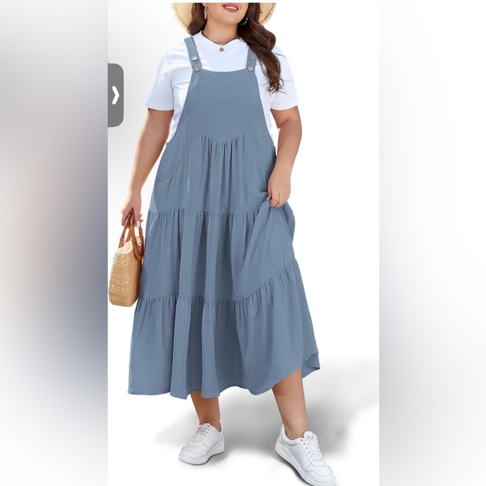 Plus-Size Blue Tiered Midi Pinafore Dress